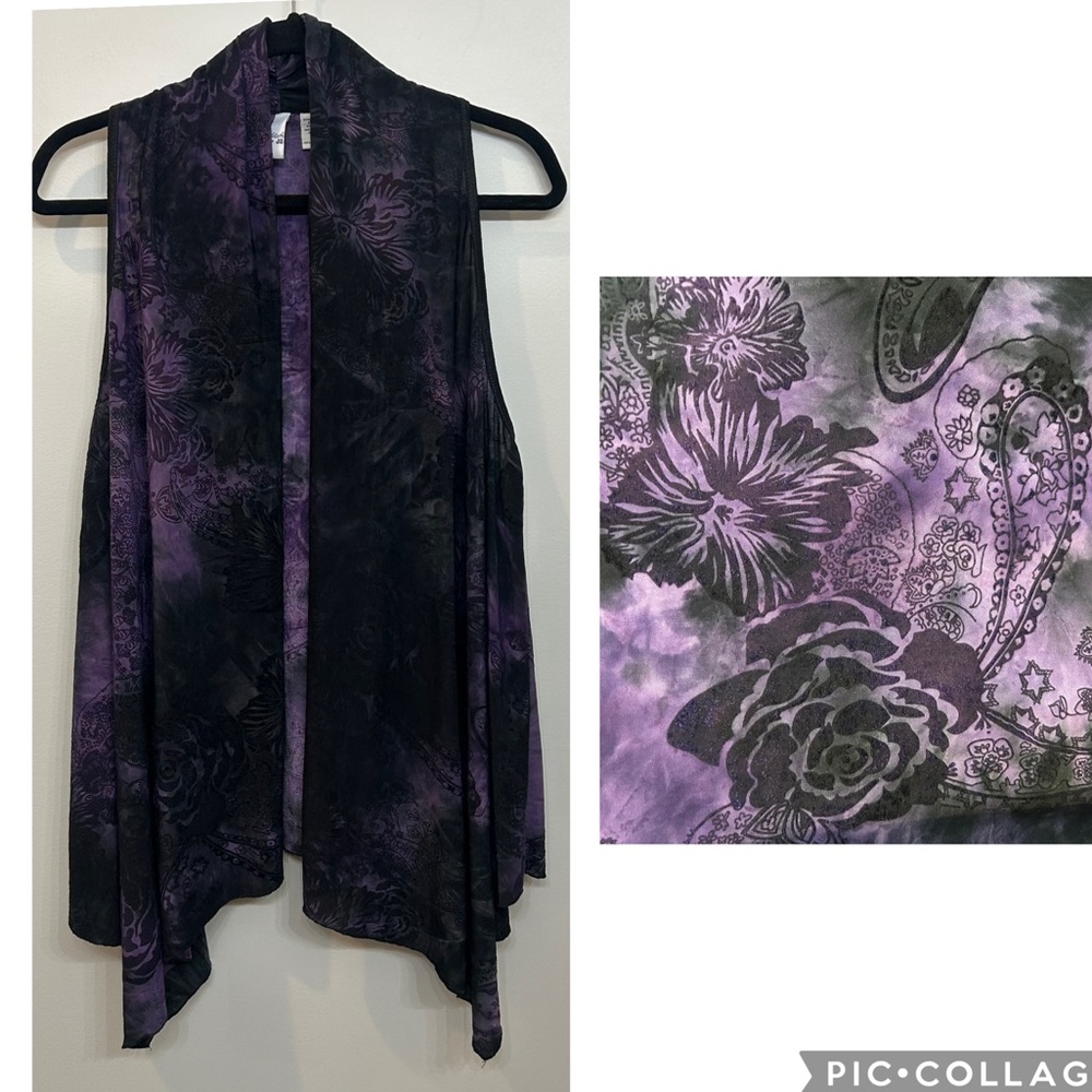 Vintage Whimsigoth Black Purple Vest Flocked Sheer Velvet Tie Dyed Roses L XL